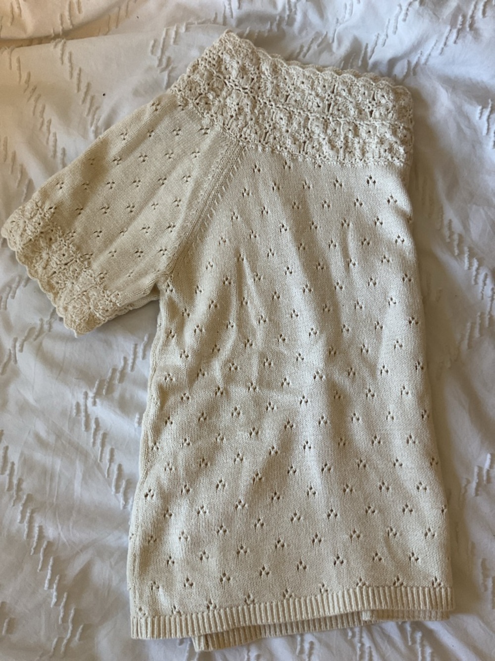 Sezane Cream Eyelet Knit Short Sleeve Sweater